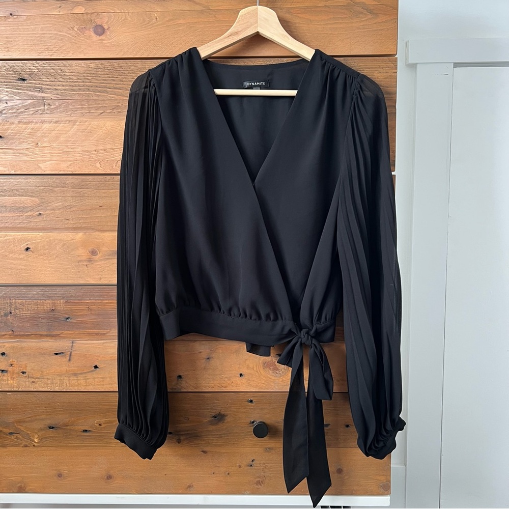 Dynamite Black Wrap Tie Blouse